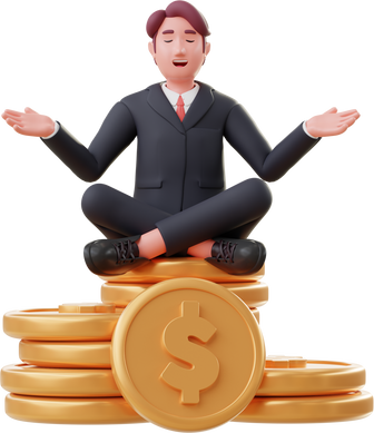 Man Seat on Money Stack and Achieve Financial Freedom 3D Illustration
